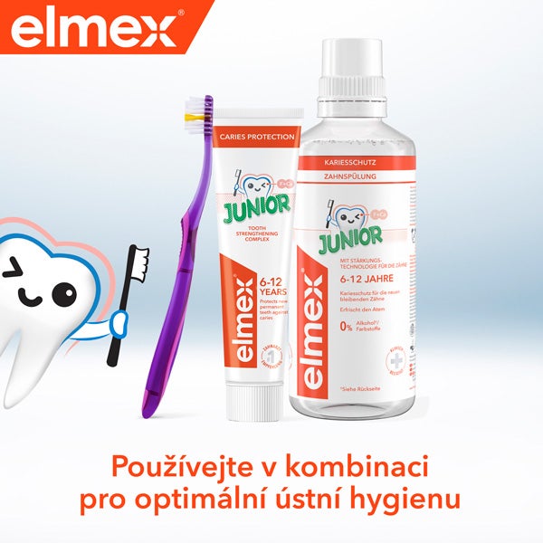 Zubní kartáček, zubní pasta a ústní voda Elmex Junior s kresleným zoubkem, text o optimální ústní hygieně.