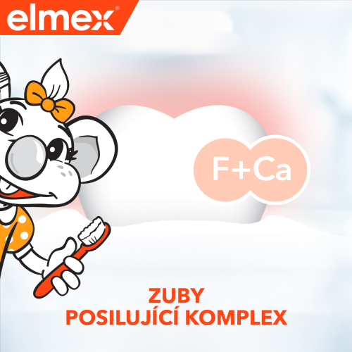 Myška elmex na obrázku spolu s ilustrací zoubku a popisem: zuby posilující komplex