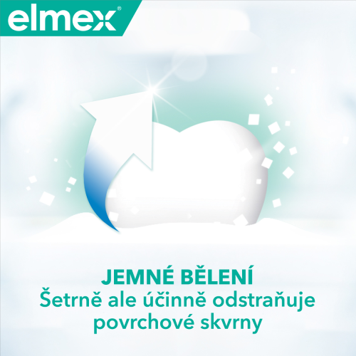 Ilustrace zubu s popisem: JEMNÉ BĚLENÍ -Šetrně ale účinně odstraňuje povrchové skvrny