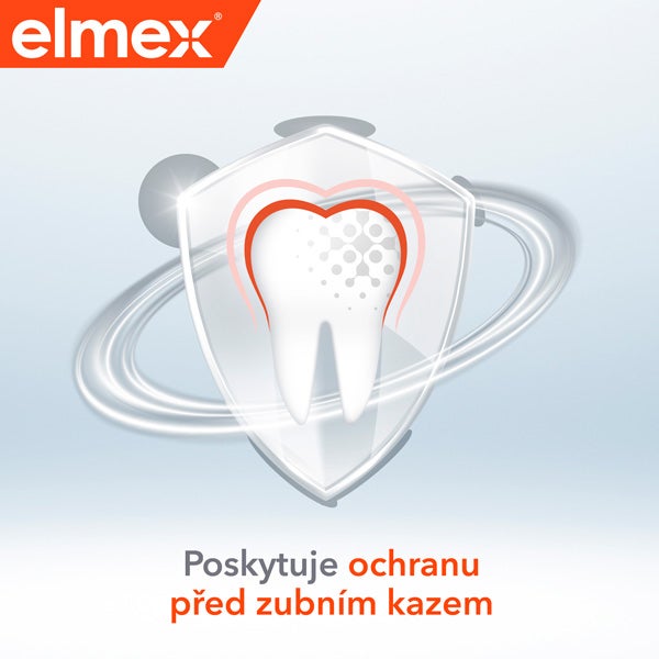 Zub chráněný štítem s textem o ochraně před zubním kazem.