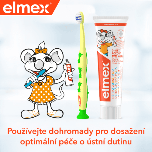 Režim elmex Kids s myškou čističí si zoubky spolu se zubní pastou a kartáčkem