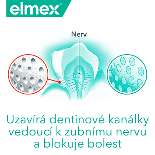 Schéma ukazující, jak produkt uzavírá zubní kanálky a blokuje bolest zubů.